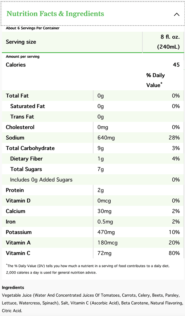 Nutrition Information and ingredients of V8