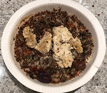 The Southwestern Style Chicken Burrito Bowl from Green Chile Food Company, after microwaving