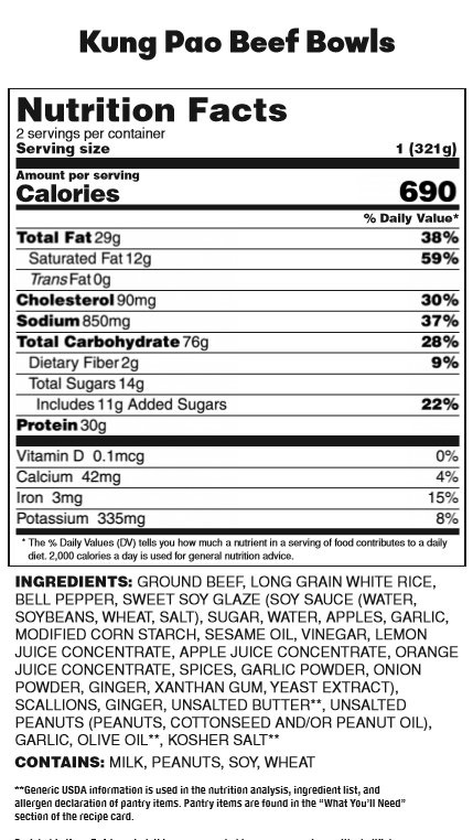 EveryPlate Kung Pao Beef Bowls Nutrition Information