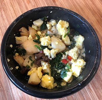 Creamy Basil Veggie breakfast bowl from evol Foods, just after cooking in the microwave