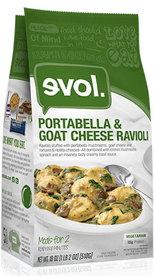 Dr. Gourmet reviews the Portabell and Goat Cheese Ravioli that serves two people from evol Foods