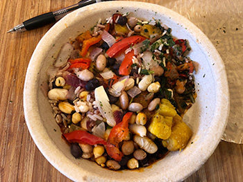 Just out of the microwave in the Dr. Gourmet tasting kitchen, the Three Bean Taco Bowl from Rick Bayless' Frontera Foods