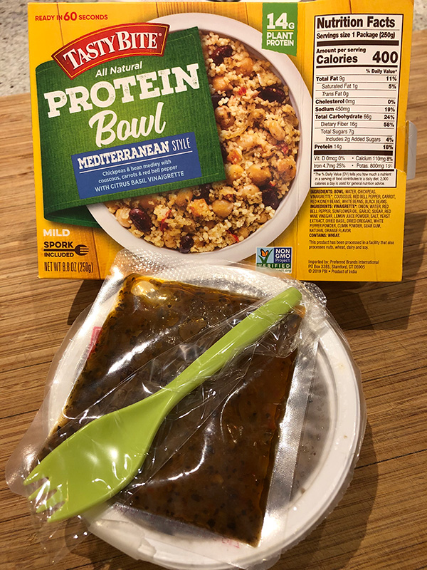 the contents of the package of the Mediterranean Style Protein Bowl from Tasty Bite