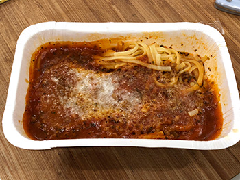 Walmart's Spaghetti & Meat Sauce as it comes out of the microwave for review by the Dr. Gourmet tasting panel