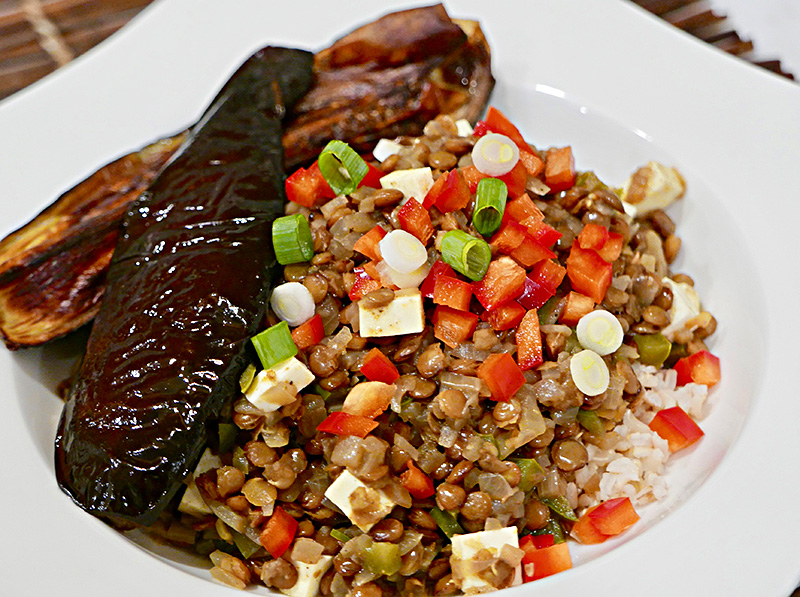 Curried Lentils with Paneer and Roasted Eggplant