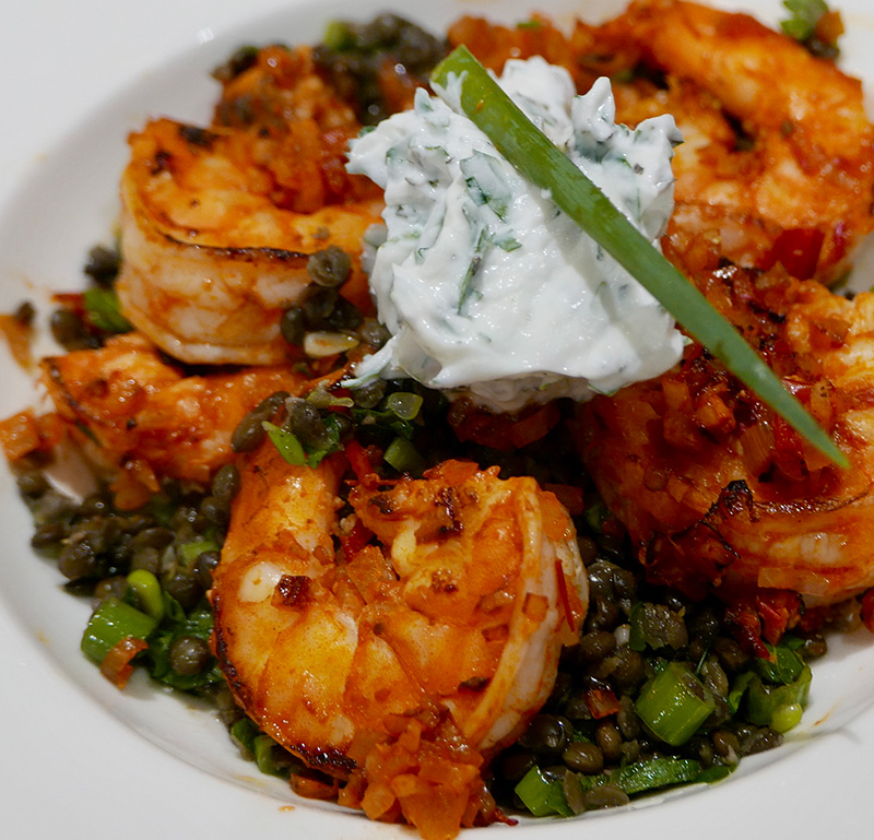 Harissa Shrimp with Black Lentils