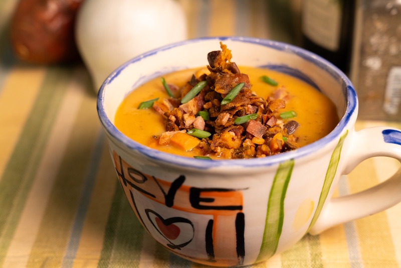 Roasted Yam Soup with Bacon Bits
