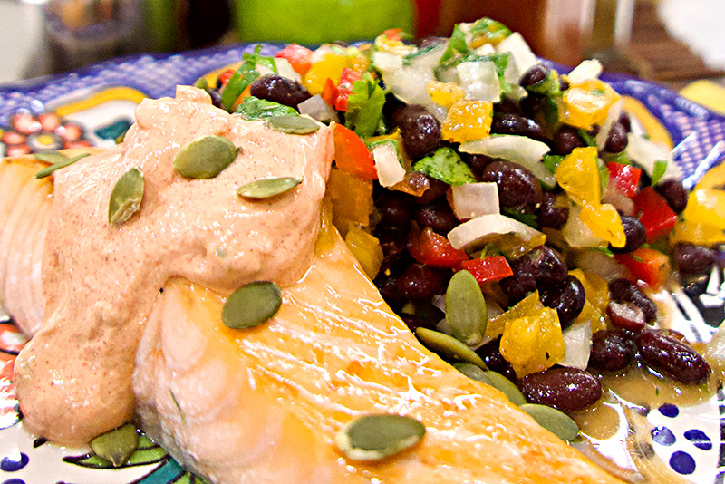 Seared Salmon with Black Bean Salsa and Paprika Crema