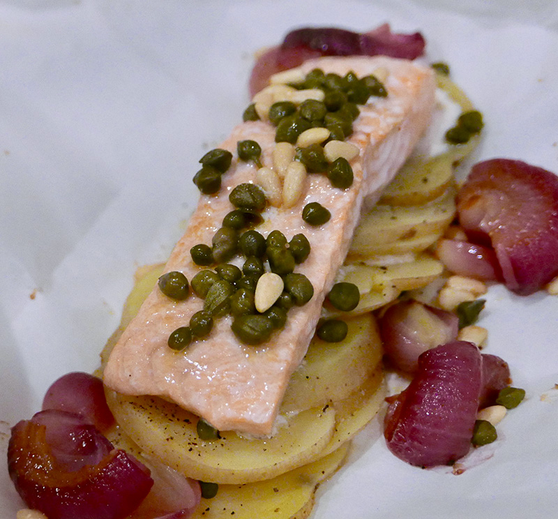 Salmon in Parchment with Capers and Cipollini Onions