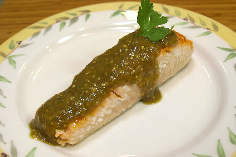 Salmon with Roasted Tomatillo Sauce