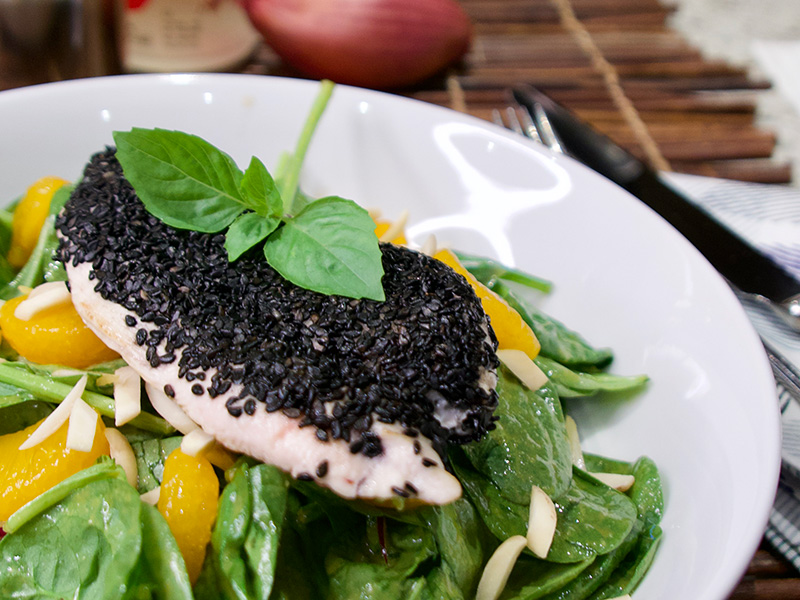 Spinach Salad with Ginger Dressing and Sesame Chicken