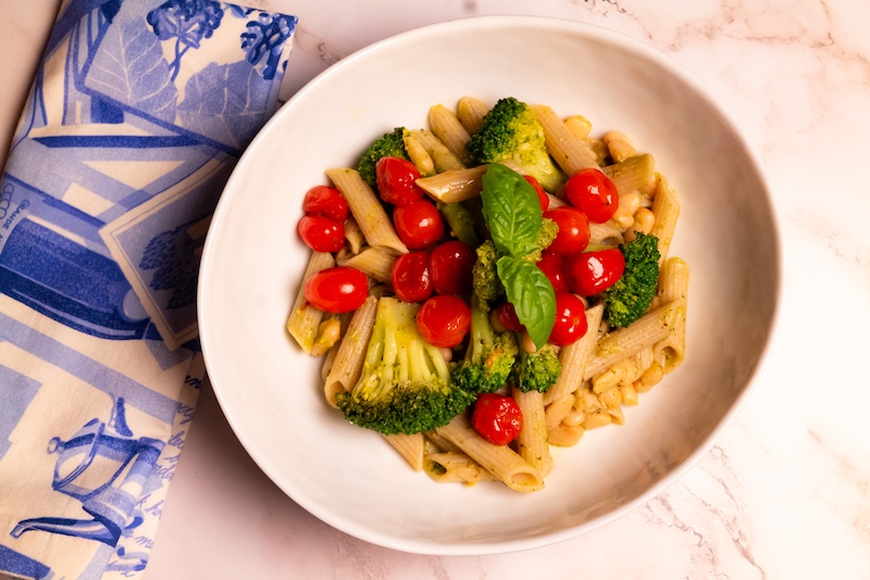 Vegetarian Pesto Pasta with Roasted Tomatoes, Broccoli, and White Beans