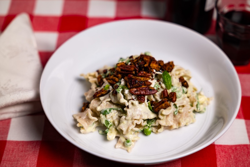 Green Pea Pasta Sauce with Pecans, Basil and Greek Yogurt